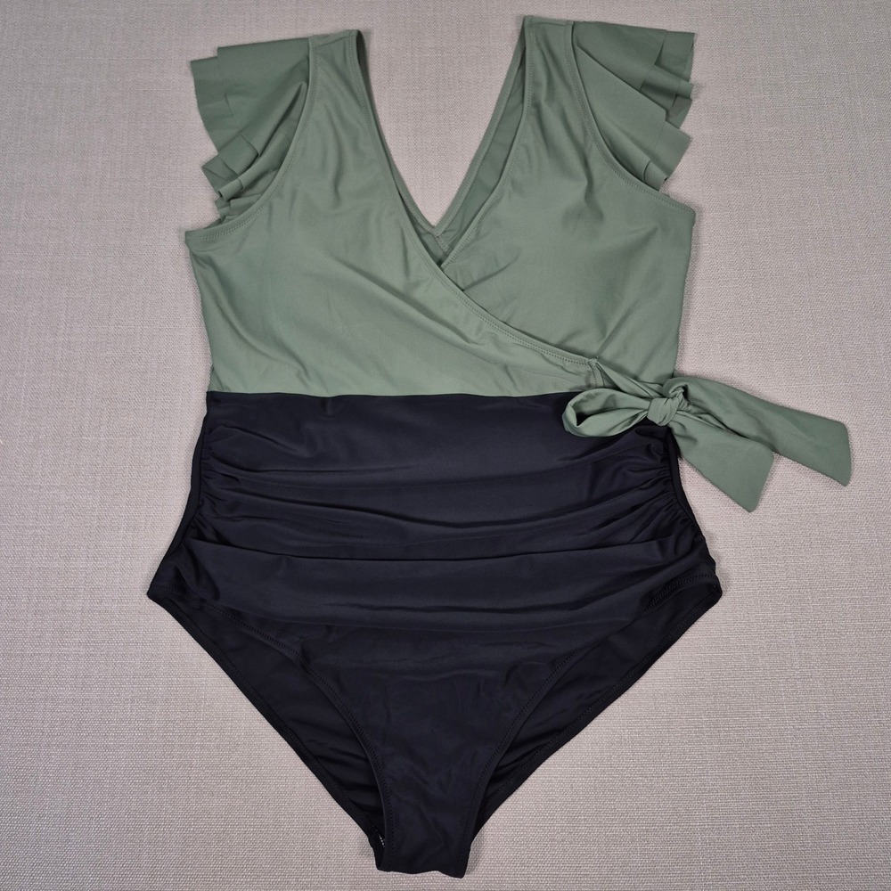 Blooming Jelly Women Green Black Ruffle One Piece Swimsuit Tummy Control 3XL NWT